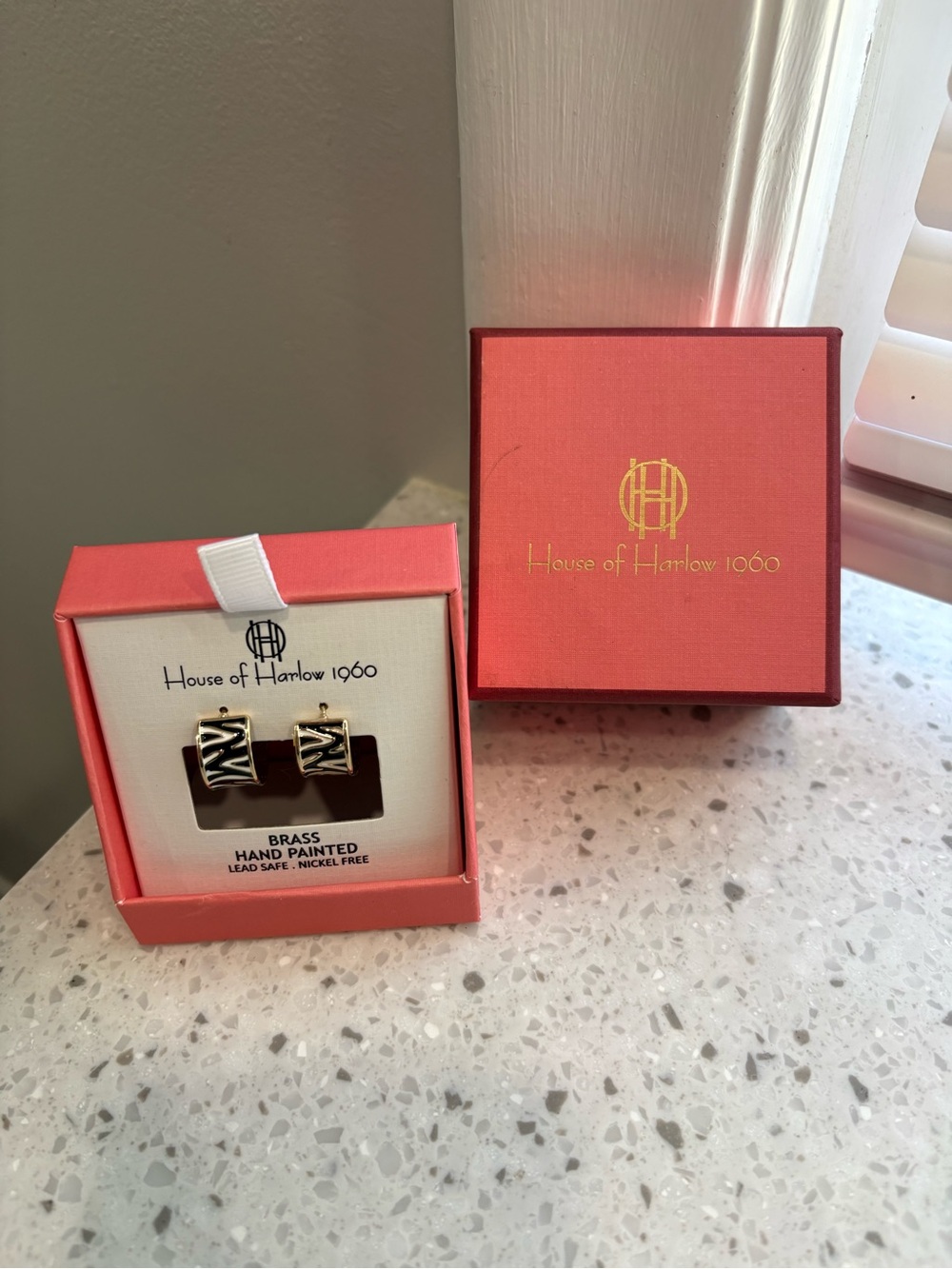 NIB House of Harlow 1960 Gold and Black Zebra Enamel Hoop Earrings